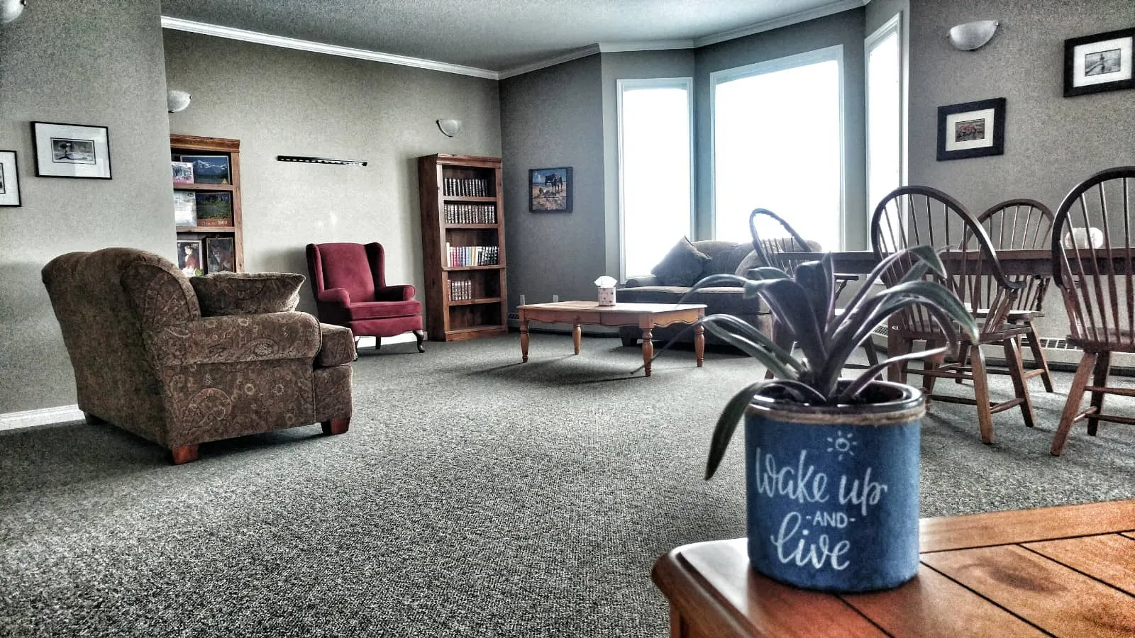 The shared lounge with armchairs, bookshelves and a dining area